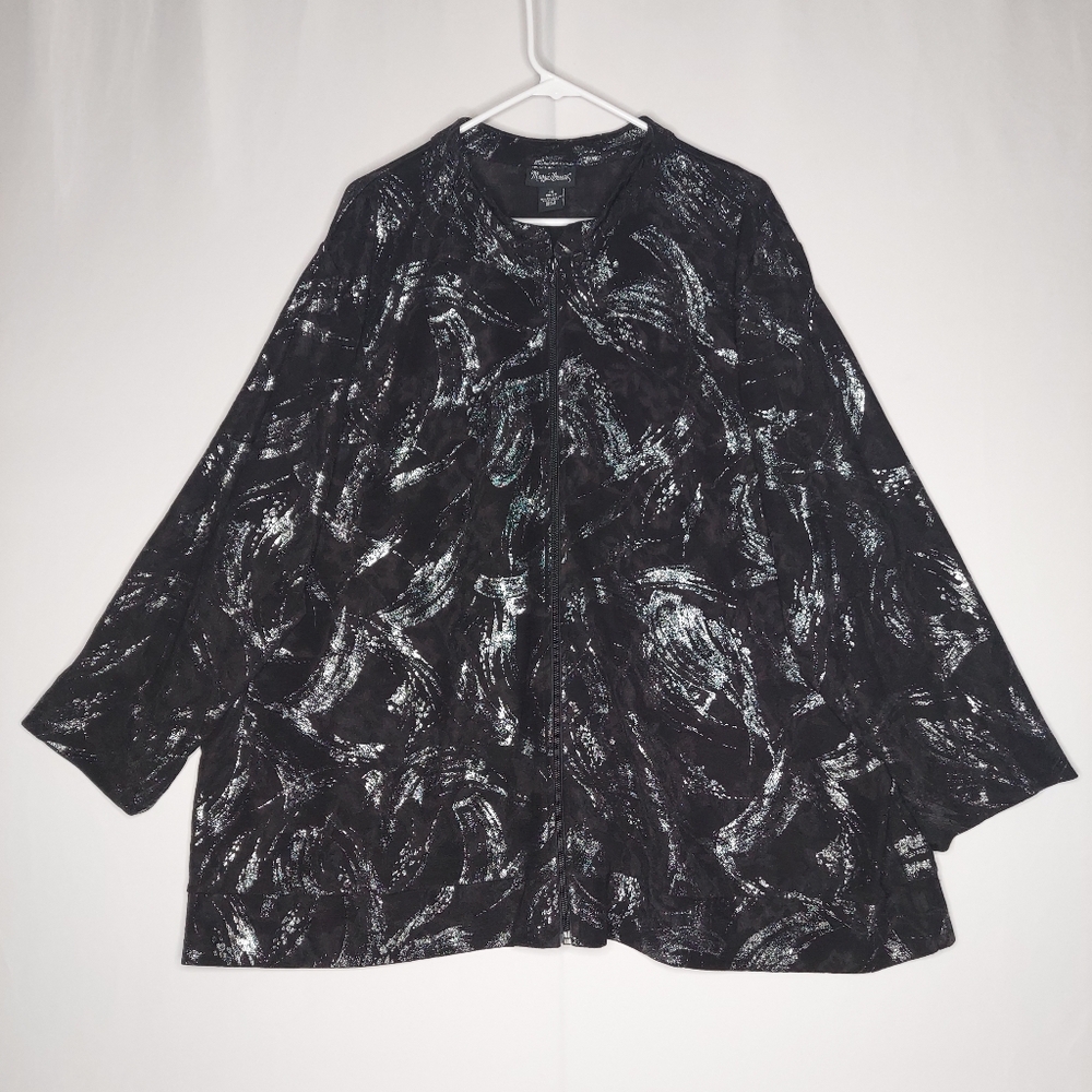 Catherines Essential Jacket 3X Black Silver Print Stretch Mock Zip Pocket Slinky